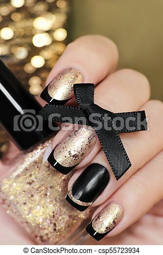 black-and-gold-french-tip-nails-60_12 Negru și aur Franceză sfat cuie